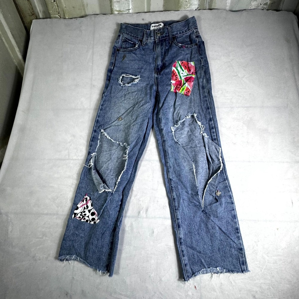 RSQ Baggy Jeans Womens 23 Blue Denim High Rise Relaxed Fit Raw Hem Distressed